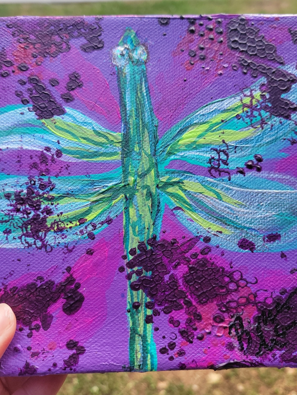 Hand-Painted Purple & Teal "Dragonfly Visitor"  By Brea Marie 6in X 6im - Picture 2 of 6